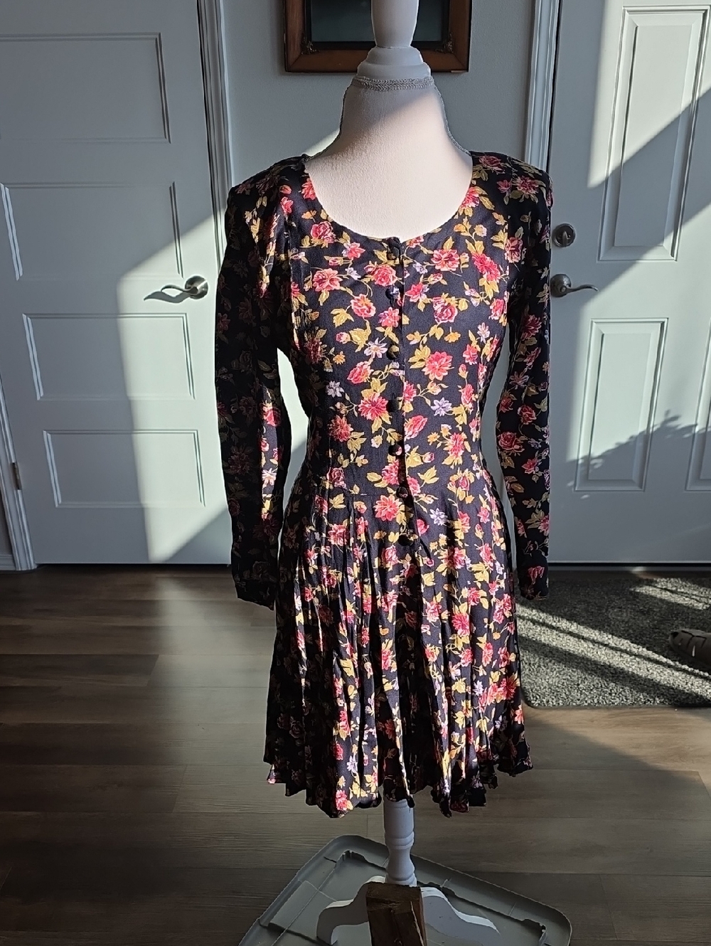 Nostalgia Black Midi Dress with Pink and Green Floral Print